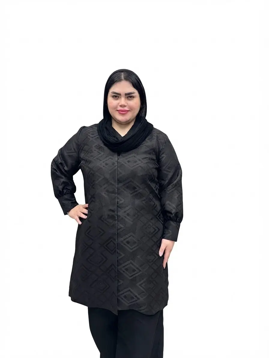کت زنانه سایز بزرگ یقه فلش طرح کاملیا مشکی